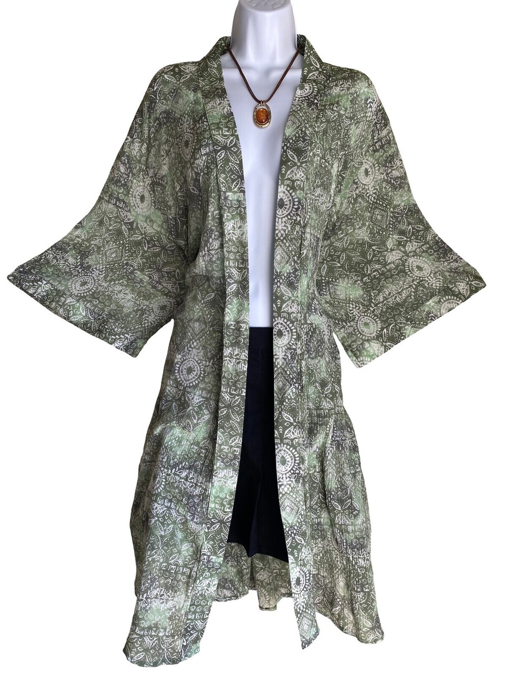 VTG Catherines Plus 4X Earthy Green Boho Tunic Kimono Cardigan Whimsigoth Asian